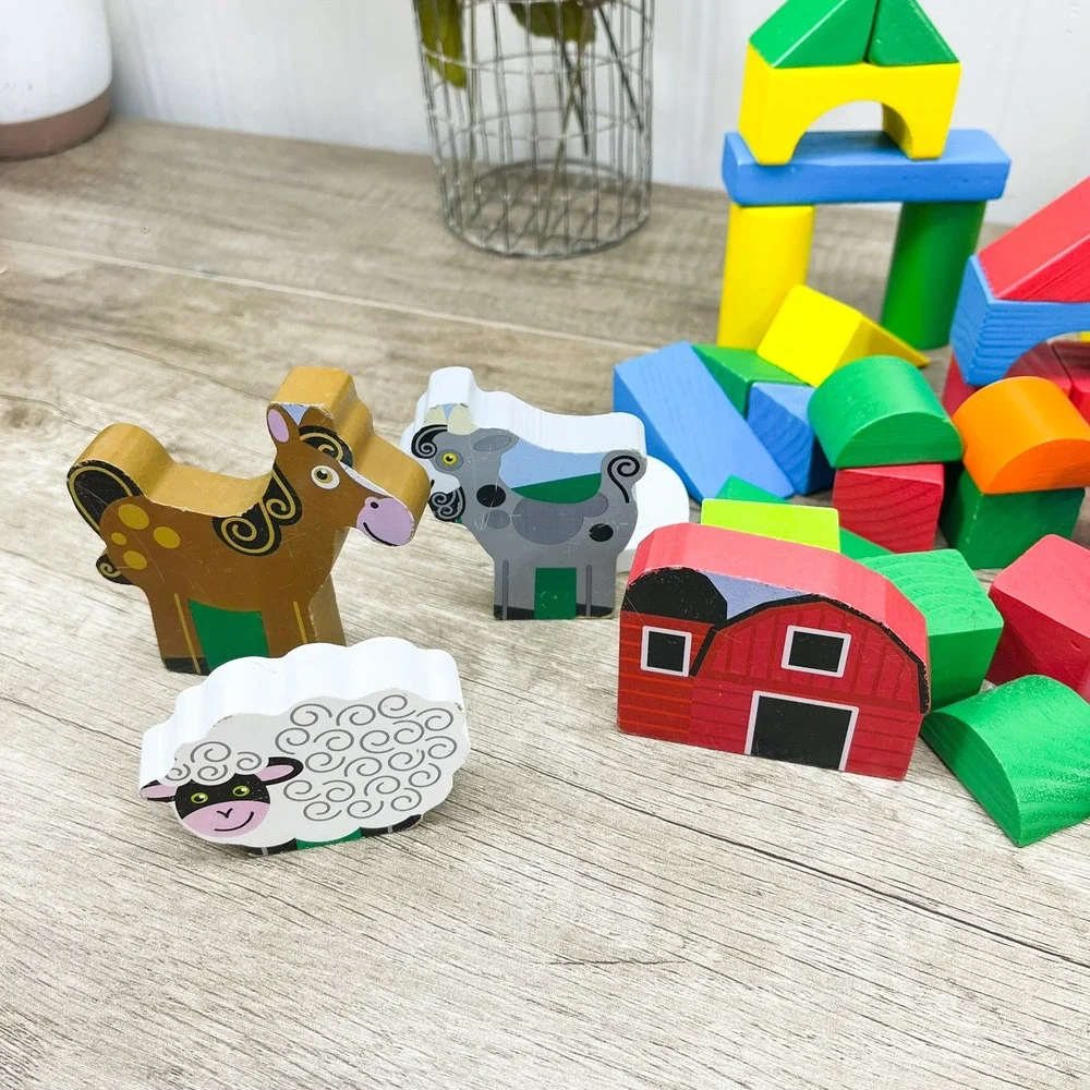 Wooden Building Blocks Farm Set Barn Animals Horse Sheep Goat 80+ Pieces Kids